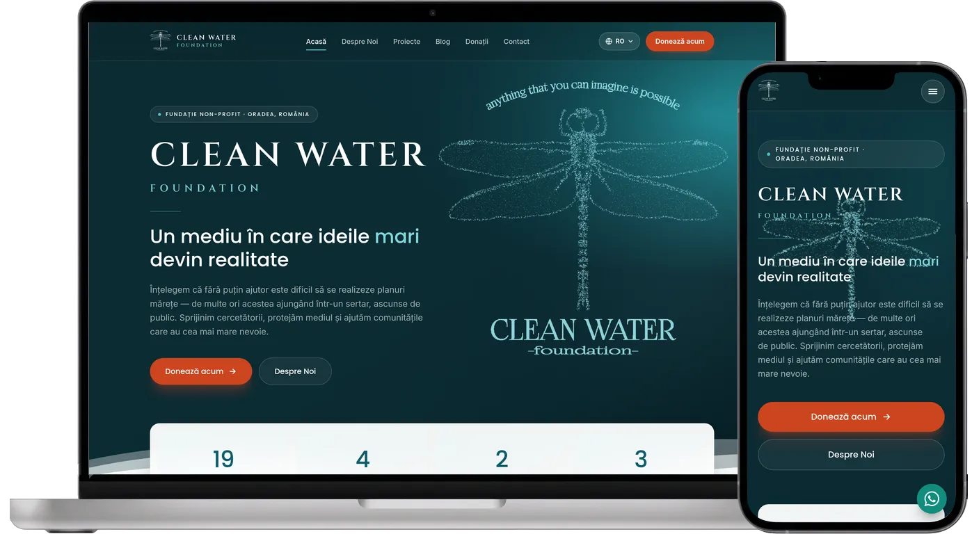 Site-ul Clean Water Foundation pe laptop și pe telefon: prima pagină, cu libelula din siglă